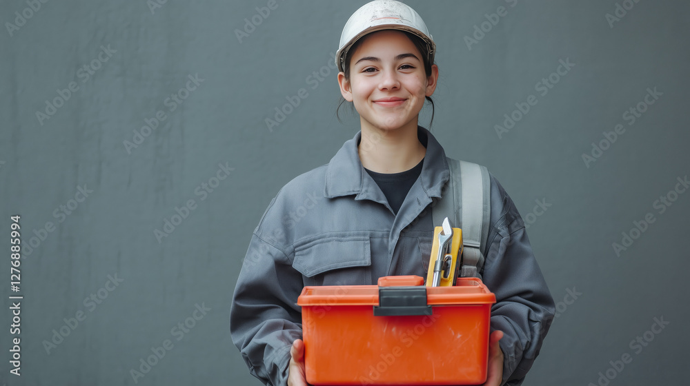Hardworking Woman Builder: A confident and skilled female construction worker, radiating professionalism, is captured in a medium shot. She holds a bright toolbox, tools, and a safety helmet.