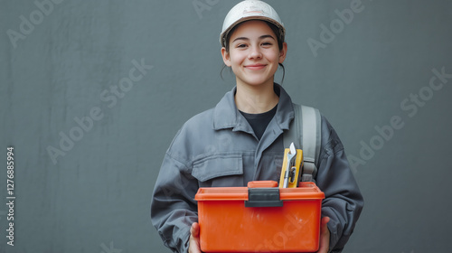 Obraz na płótnie Hardworking Woman Builder: A confident and skilled female construction worker, radiating professionalism, is captured in a medium shot. She holds a bright toolbox, tools, and a safety helmet. w salonie