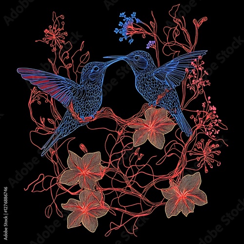 Two hummingbirds in floral wreath, intricate design, artistic, decorative photo