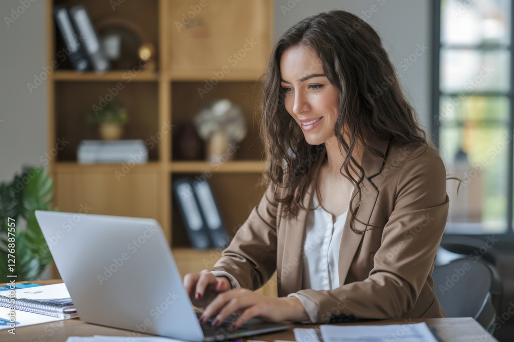Busy young business woman executive using laptop in office. Smiling Hispanic businesswoman company employee sitting at work desk, professional female hr manager looking at pc computer at workplace Busy young business woman executive using laptop in office. Smiling Hispanic businesswoman company employee sitting at work desk, professional female hr manager looking at pc computer at workplace