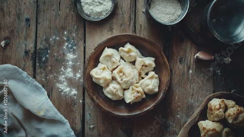 Traditional Georgian Dish: Khinkali Kalakuri on Rustic Wooden Table, Top View photo