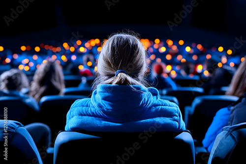 Woman watching movie in dark theater, audience blurred photo