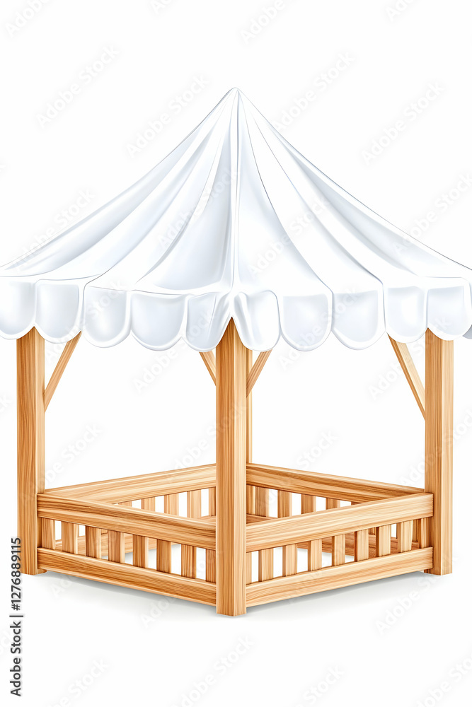 Wooden gazebo with white canopy, outdoor setting, summer event Wooden gazebo with white canopy, outdoor setting, summer event