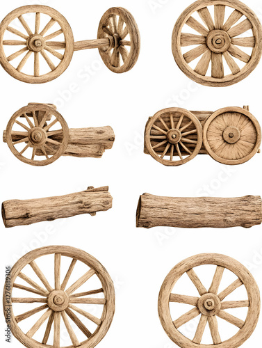 Wooden wagon wheels and logs isolated.  History, crafting, carpentry, design