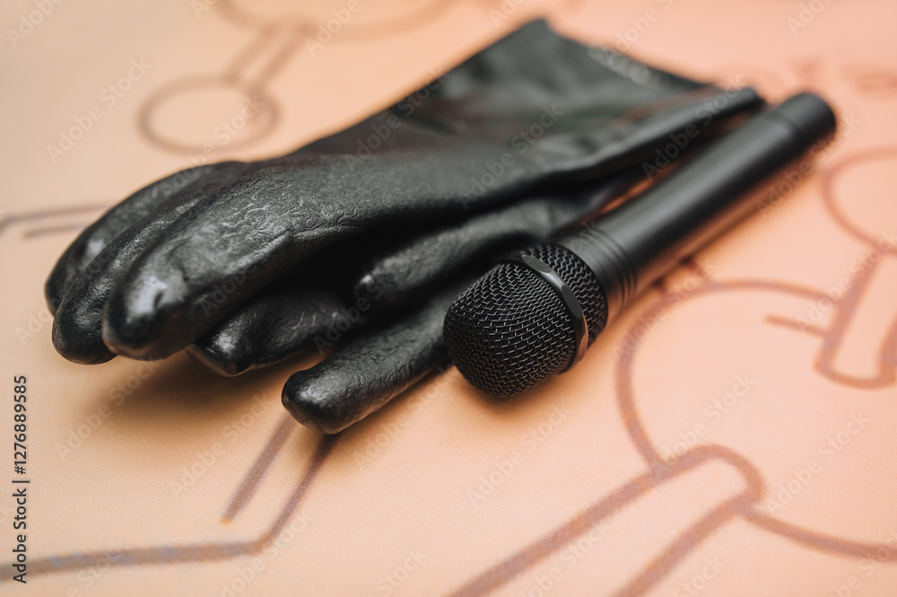 Photo of a black microphone for audio sound and gloves for a radio presenter. Photo of a black microphone for audio sound and gloves for a radio presenter.