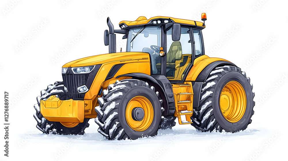 Yellow tractor in snowy field, winter farming Yellow tractor in snowy field, winter farming