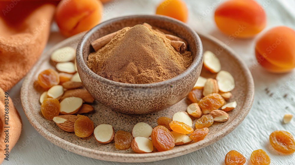 Cinnamon powder in bowl with dried fruits and nuts on rustic wooden table Cinnamon powder in bowl with dried fruits and nuts on rustic wooden table