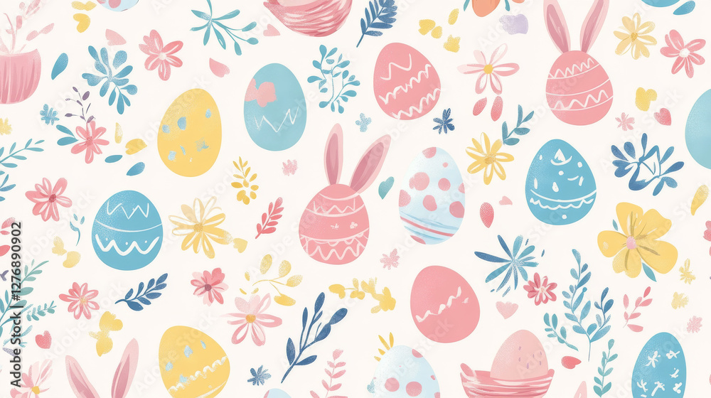 Whimsical Easter Pattern: A cheerful assortment of pastel-colored Easter eggs and bunny motifs, nestled amidst delicate floral accents and foliage, creates a joyful spring tapestry. Whimsical Easter Pattern: A cheerful assortment of pastel-colored Easter eggs and bunny motifs, nestled amidst delicate floral accents and foliage, creates a joyful spring tapestry.