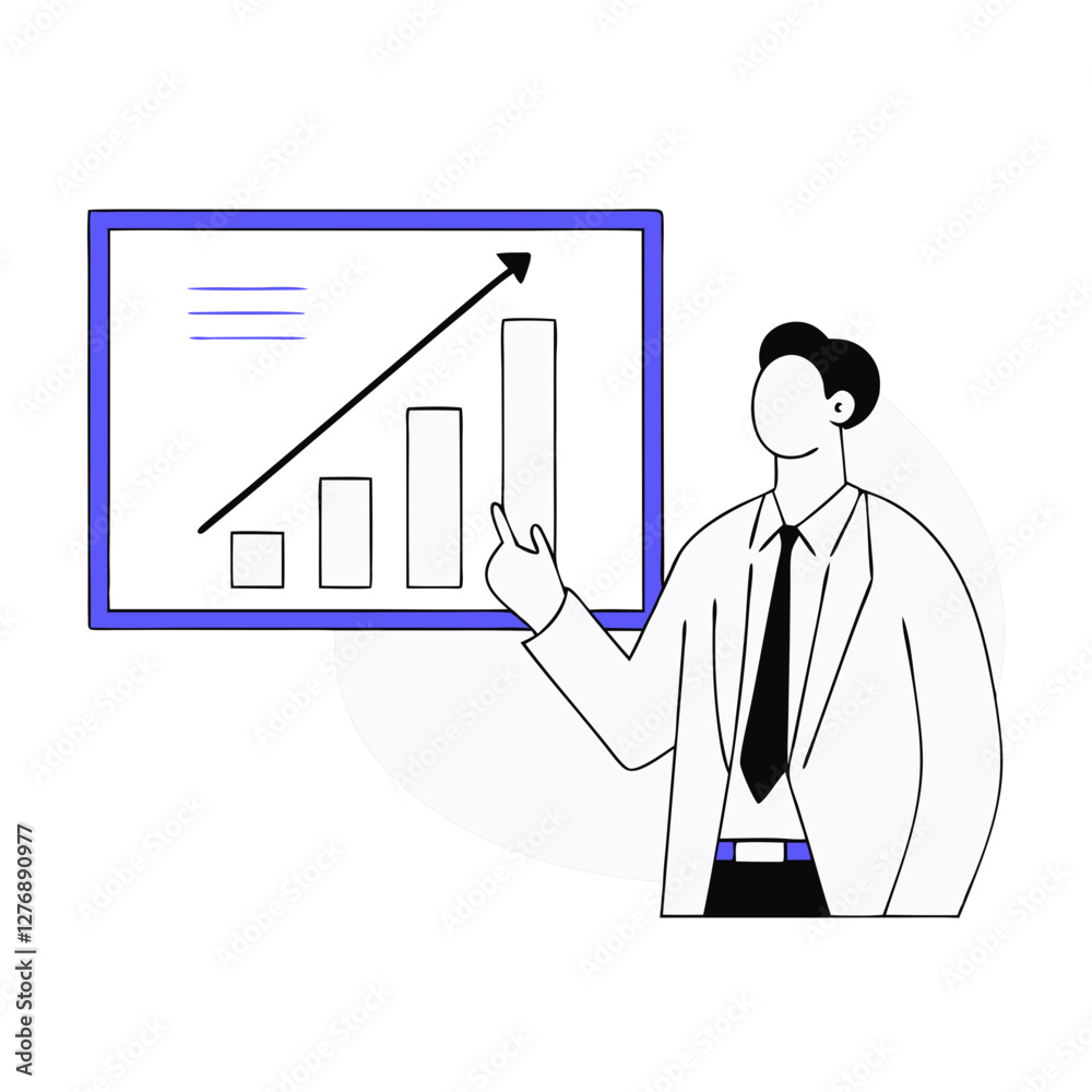 A businessman in formal attire stands confidently, pointing at an upward-trending growth chart. This vector illustration symbolizes achievement and progress within a corporate context A businessman in formal attire stands confidently, pointing at an upward-trending growth chart. This vector illustration symbolizes achievement and progress within a corporate context