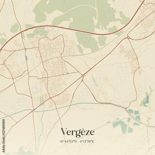 Vintage map of Vergèze, France.