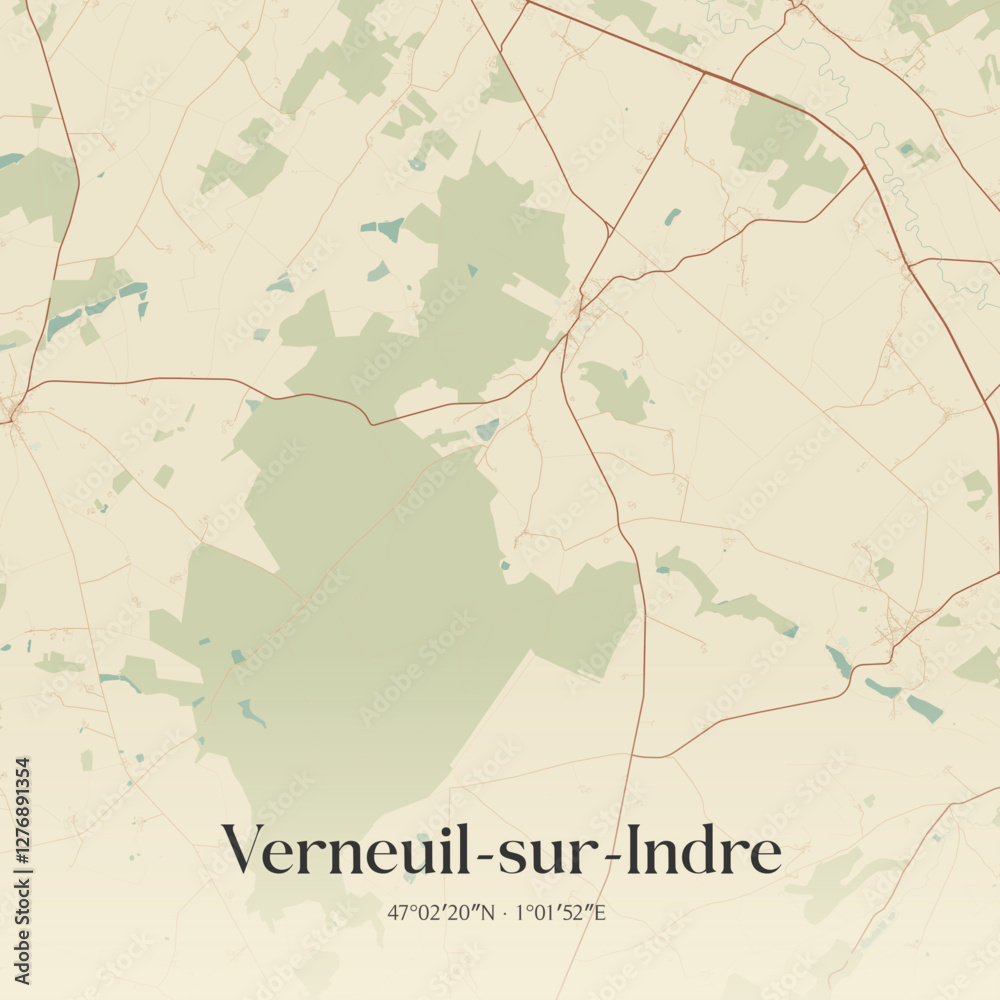 Fototapeta premium Vintage map of Verneuil-sur-Indre, France.