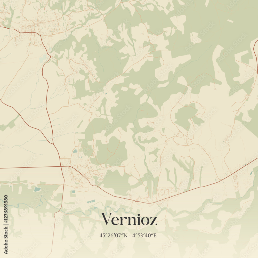 Fototapeta premium Vintage map of Vernioz, France.