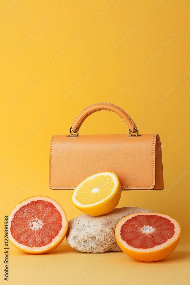 Stylish handbag rests among fresh citrus fruits on a vibrant yellow background, showcasing a modern and playful aesthetic perfect for summer