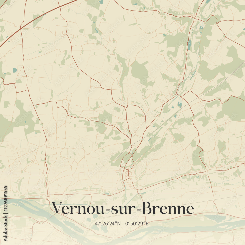 Naklejka premium Vintage map of Vernou-sur-Brenne, France.
