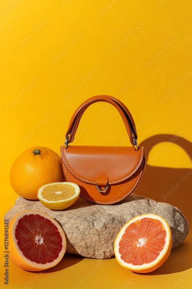Colorful still life featuring orange handbag surrounded by fresh citrus fruits on vibrant yellow background