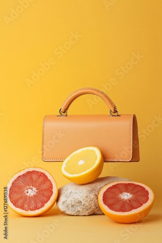 Obraz na płótnie Stylish handbag rests among fresh citrus fruits on a vibrant yellow background, showcasing a modern and playful aesthetic perfect for summer w salonie