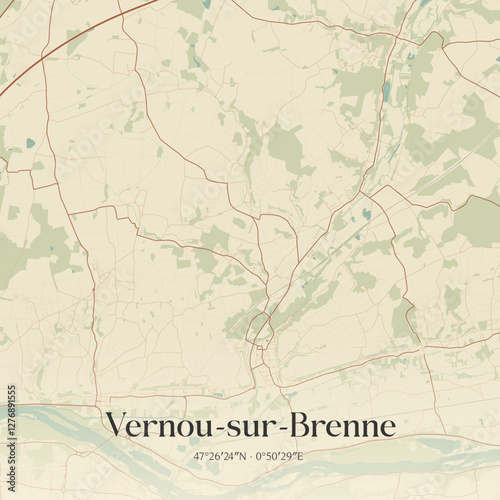 Vintage map of Vernou-sur-Brenne, France.