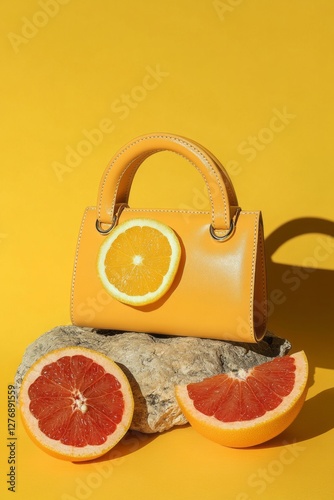 A stunning bright yellow handbag adorned with colorful citrus fruit is beautifully placed on a natural stone surface, perfectly showcasing a vibrant and refreshing summer theme