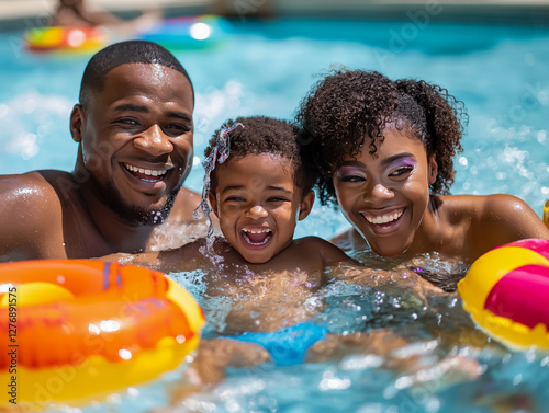 A joyful African family enjoys a sunny day in the swimming pool, with the mother, father, and young son smiling and splashing water. This moment of fun showcases their happiness and togetherness.