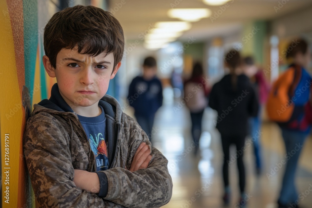 Young boy stands with crossed arms in school corridor, displaying frustration while classmates walk by during afternoon hours