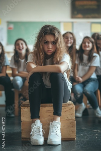 Obraz na płótnie Group of girls laughing together while one girl sits alone with an unhappy expression in a classroom setting during a sunny afternoon w salonie