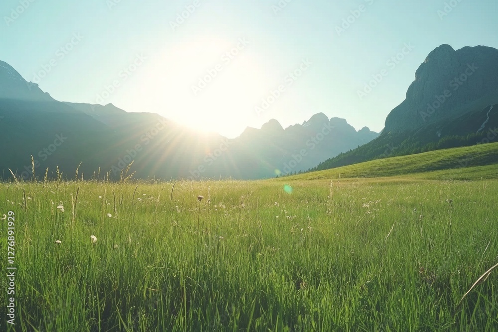 A breathtaking sunrise casts its golden light over an expansive green field, while majestic mountains rise proudly in the serene valley below