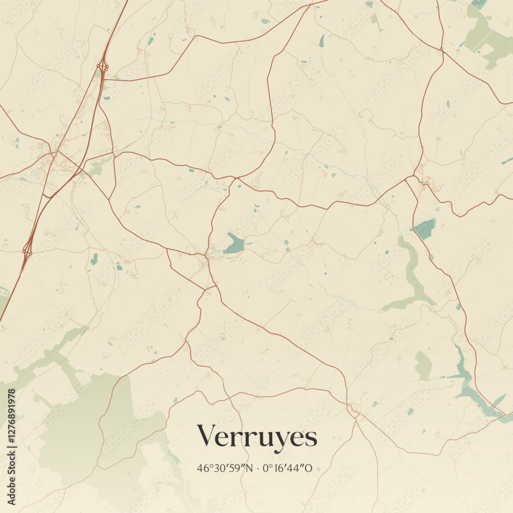 Fototapeta premium Vintage map of Verruyes, France.