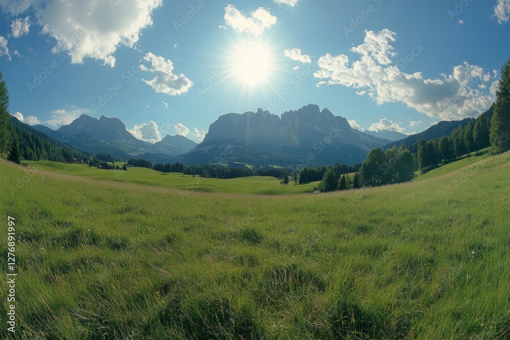 Majestic mountains rise over a lush green meadow under a bright sun in the Dolomites region during a clear day