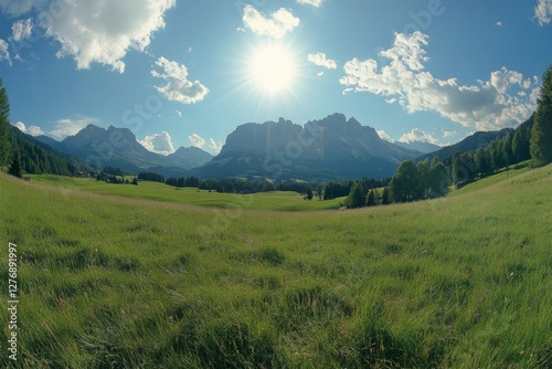 Obraz na płótnie Majestic mountains rise over a lush green meadow under a bright sun in the Dolomites region during a clear day w salonie