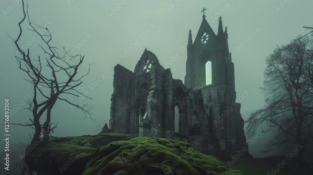 Obraz premium A gothic cathedral ruin shrouded in mist, standing ominously on a moss-covered hill, evoking a dark and mysterious atmosphere.