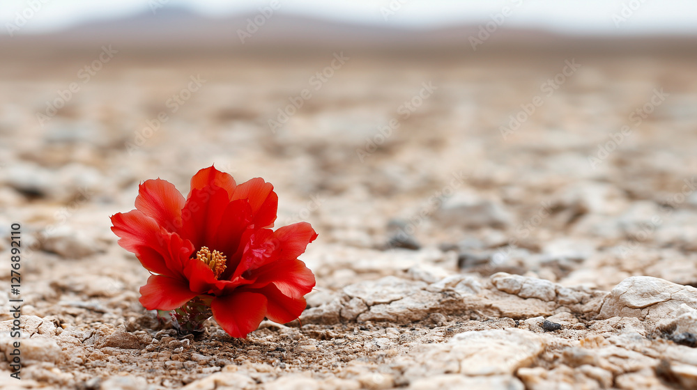 Flame of the Desert Red Cactus Bloom Against Barren Land Flame of the Desert Red Cactus Bloom Against Barren Land