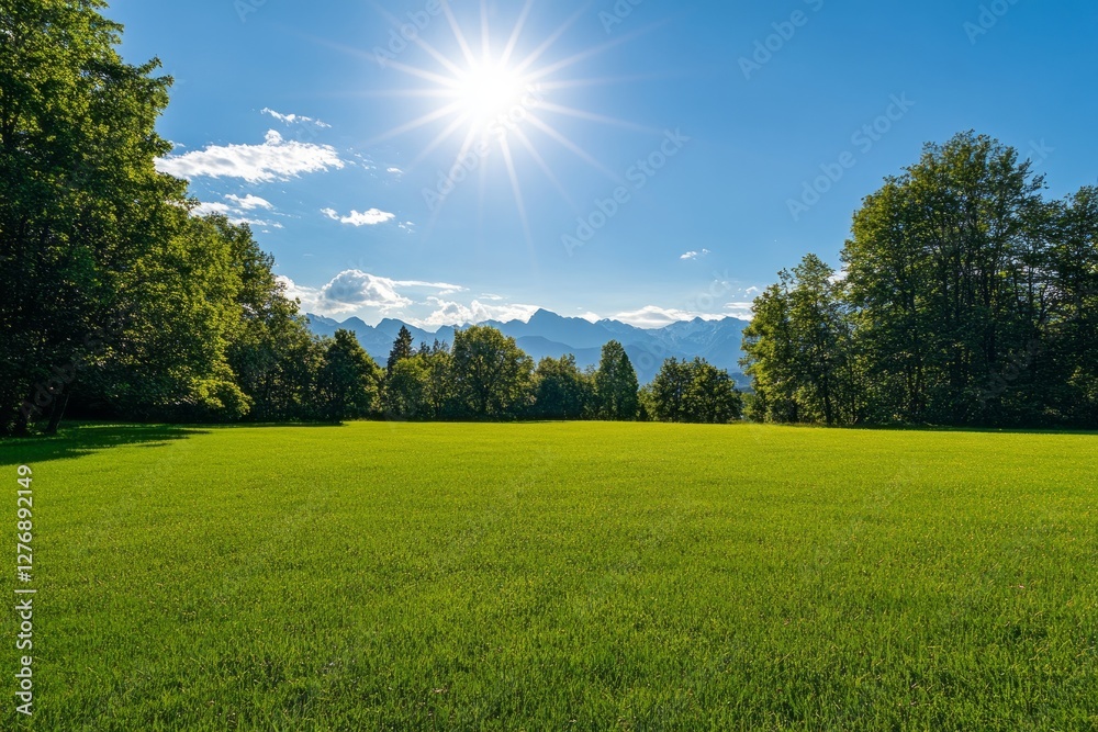Bright sun shines over green field with mountains in the distance on a clear day in the countryside
