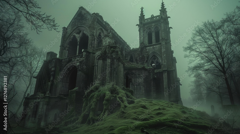 Obraz premium A gothic cathedral ruin shrouded in mist, standing ominously on a moss-covered hill, evoking a dark and mysterious atmosphere.