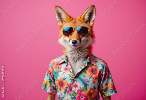 Un zorro elegante con gafas de sol de aviador y una camisa hawaiana floral, de pie con confianza sobre un fondo rosa neón
 photo