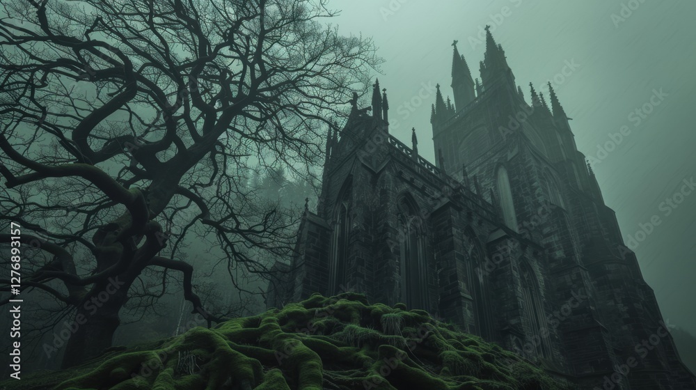 Obraz premium A gothic cathedral ruin shrouded in mist, standing ominously on a moss-covered hill, evoking a dark and mysterious atmosphere.