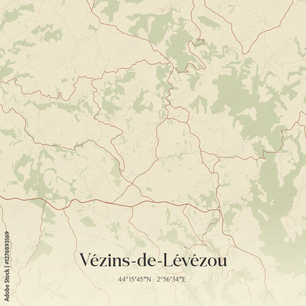 Obraz premium Vintage map of Vézins-de-Lévézou, France.