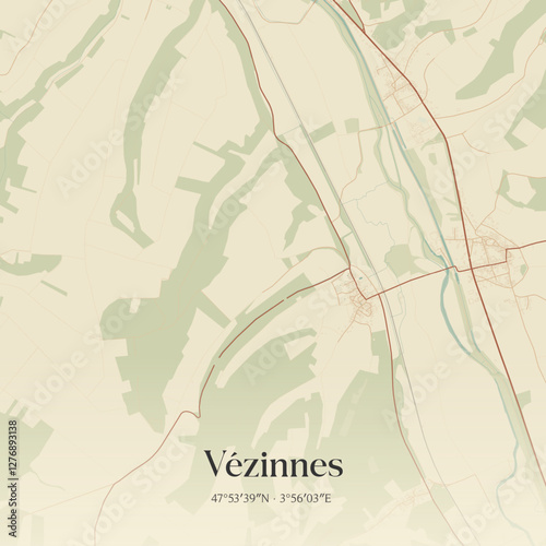 Vintage map of Vézinnes, France.