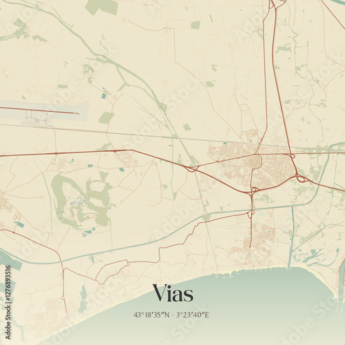 Vintage map of Vias, France.