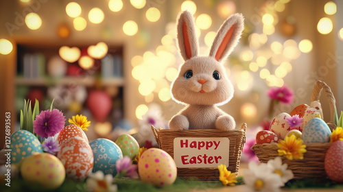 Easter Bunny's Delight: A charming Easter scene with a cute bunny amidst colorful eggs and flowers, capturing the festive spirit.