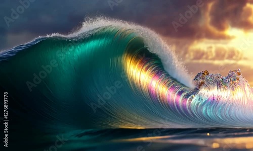 Vibrant ocean wave crashing with colorful reflections under a dramatic sunset sky