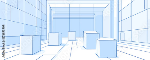 Modern abstract gallery with geometric structures in blue tones. Vector