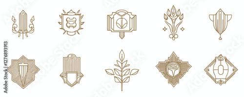 Art deco vintage emblems and shield designs with intricate patterns and symbols. Vector