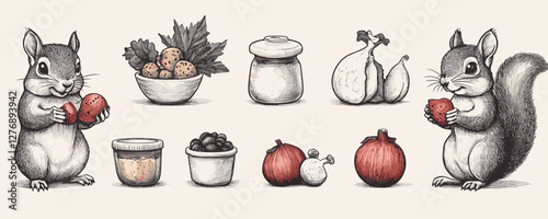 Two squirrels with tomatoes and fruits: forest feast with mushrooms and nuts. Vector