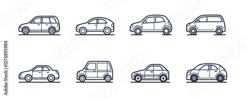Eight simple line art car illustrations in various models on white background. Vector
