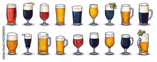 Diverse variety of beer glasses with foam and enhancements against white background. Vector