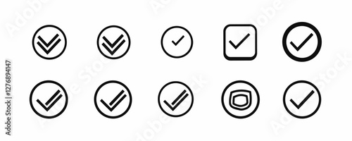Collection of eight minimalist check mark icons in different circular and square styles. Vector
