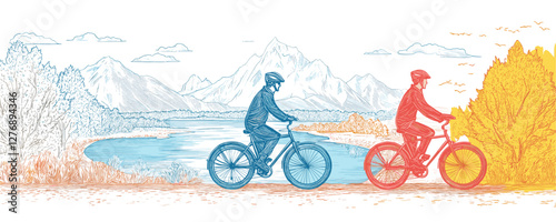 Two people cycling in scenic mountain landscape with river and trees. Vector