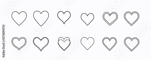 Set of ten minimalist heart outline illustrations in various unique designs. Vector