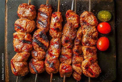 Shashlik or kebab cooked on a grill with grilled vegetables. Grilled pieces of pork meat on wooden skewers
