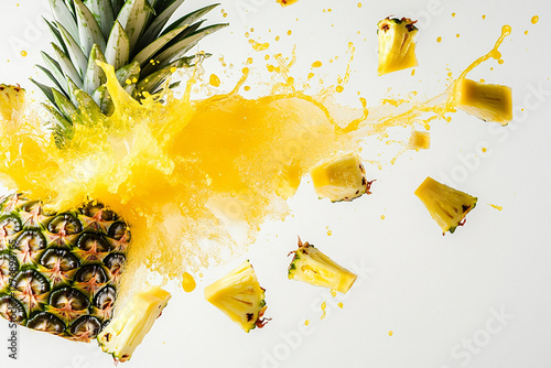 Exploding pineapple burst, vibrant yellow and yellow color palette, juice splashes and pineapple fragments flying outward photo